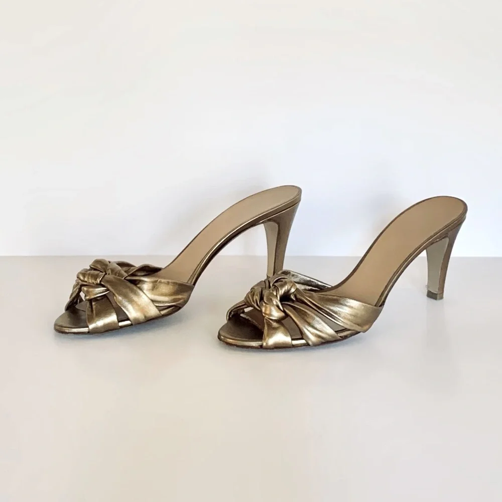 Salvatore Ferragamo Metallic Gold Knot Mule Heels